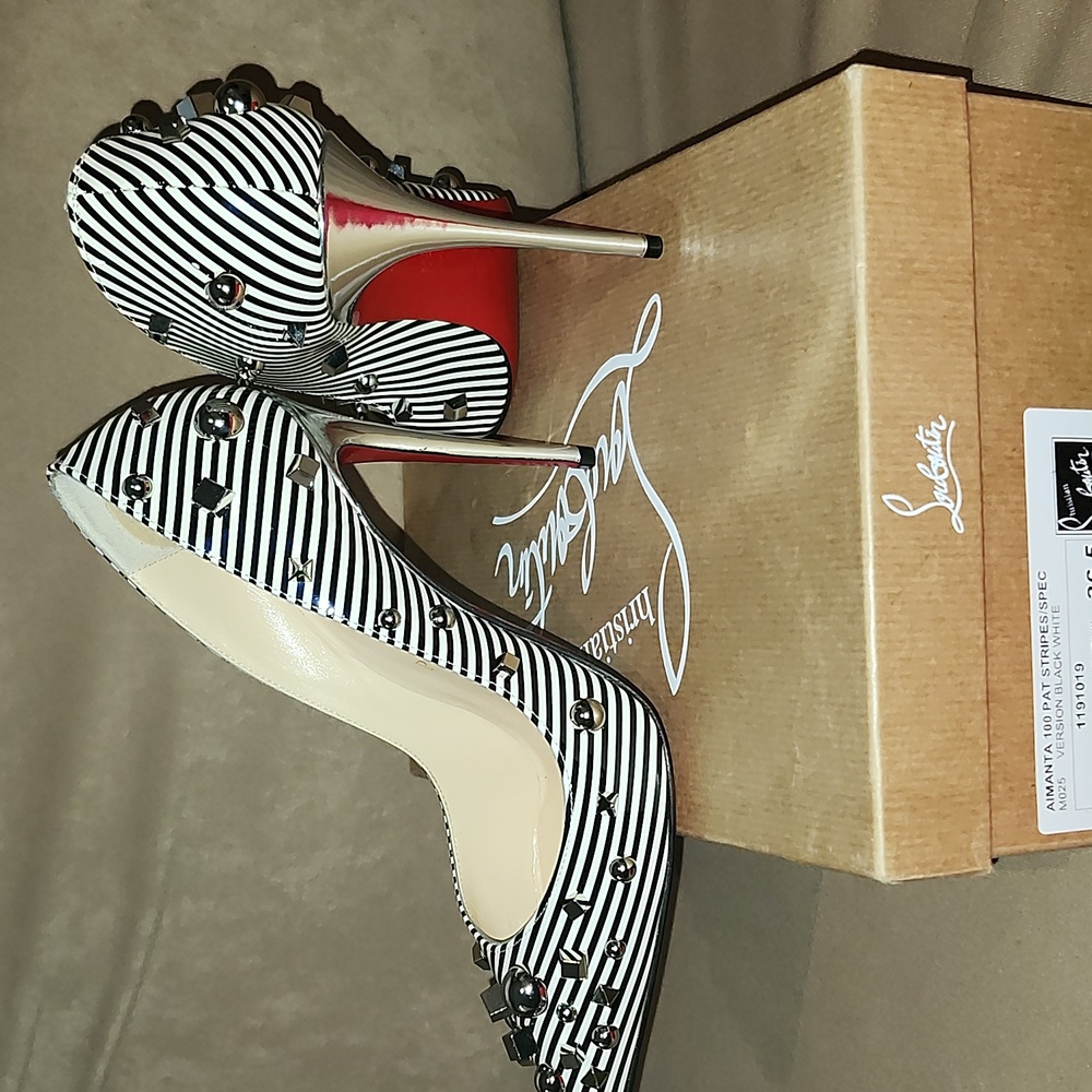Christian Louboutin Aimanta B&W Striped Women's Heels - EUC 👠 Size 36.5 - Picture 6 of 17